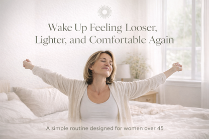 Woman stretching in bed with text about a simple routine for women over 45