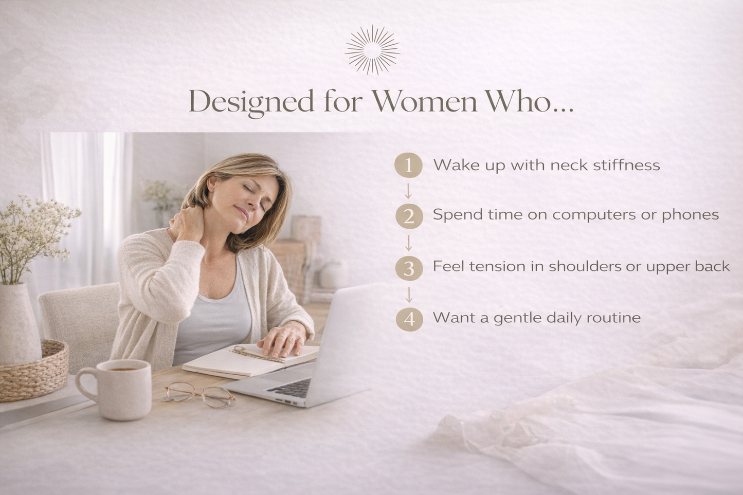 Woman with neck pain using a laptop in a bedroom setting, with text about product benefits.