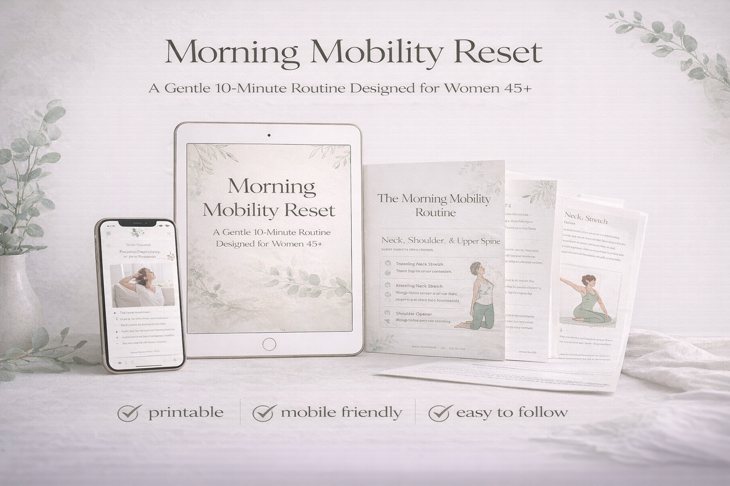 Digital and printed materials for 'Morning Mobility Reset' routine on a white surface with a plant.