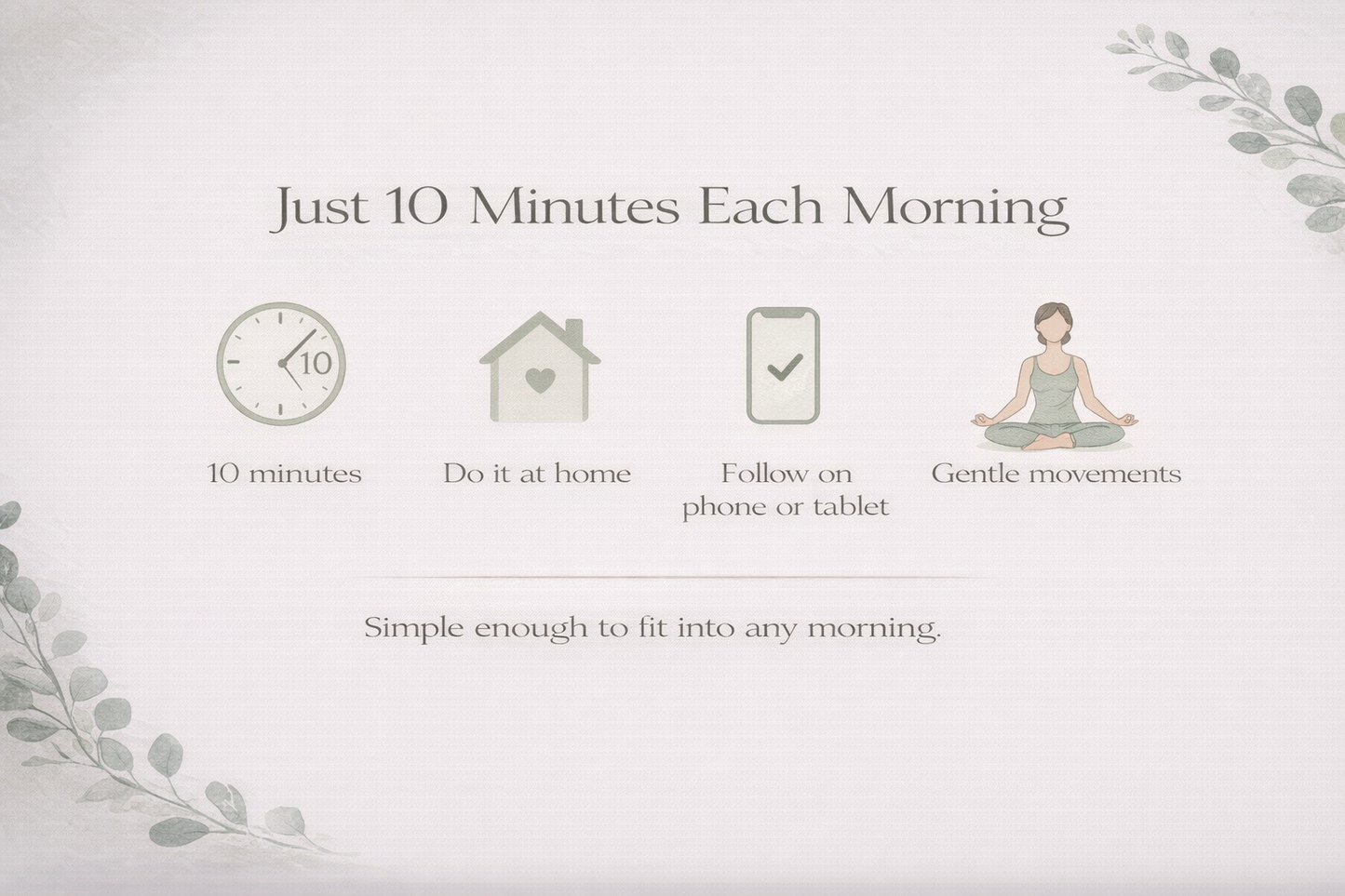 Promotional graphic for a morning exercise routine with icons and text on a light background.