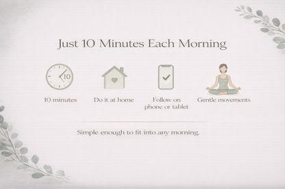 Promotional graphic for a morning exercise routine with icons and text on a light background.