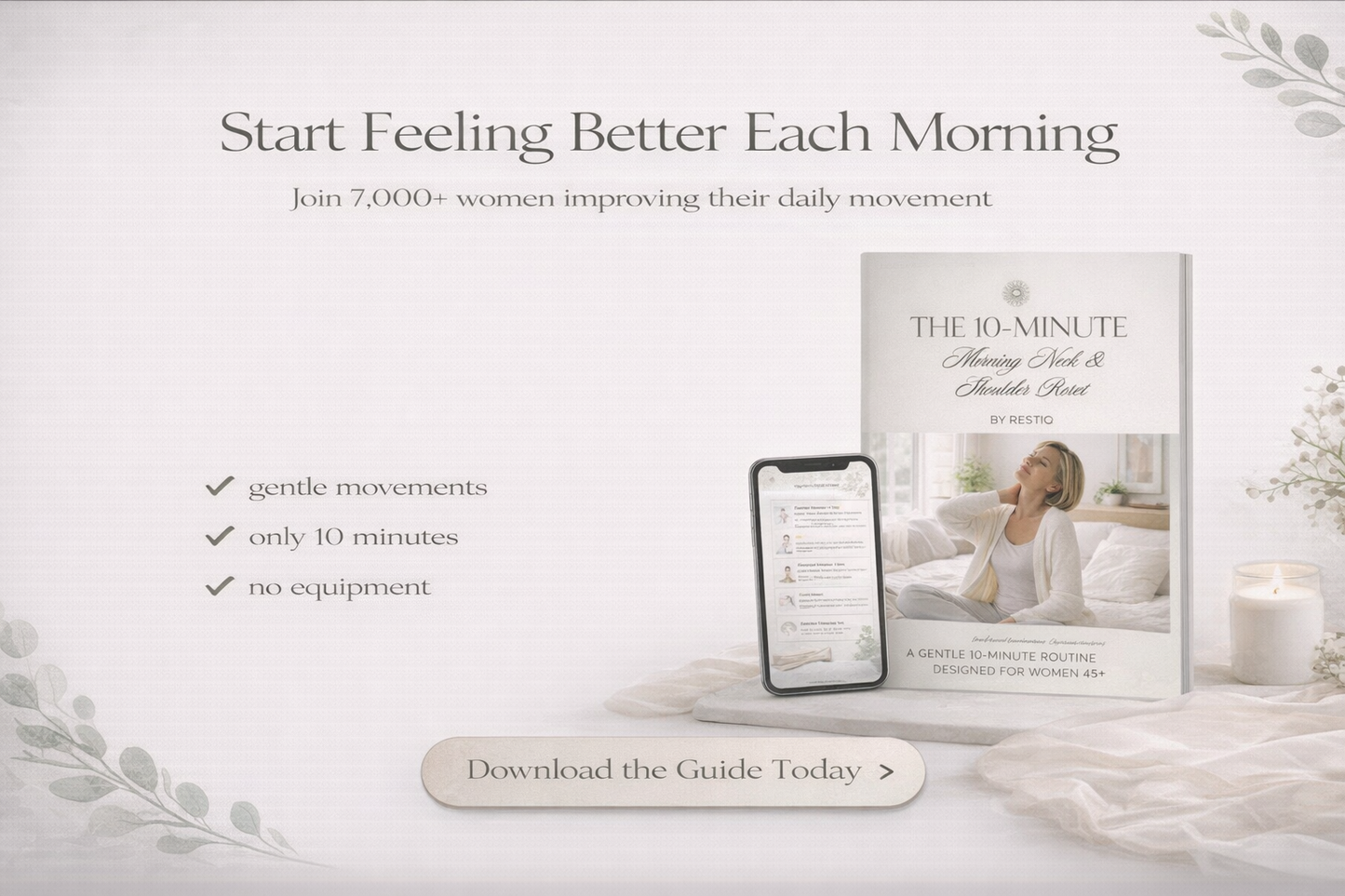 Promotional graphic for a morning routine guide with a phone and book on a white surface.