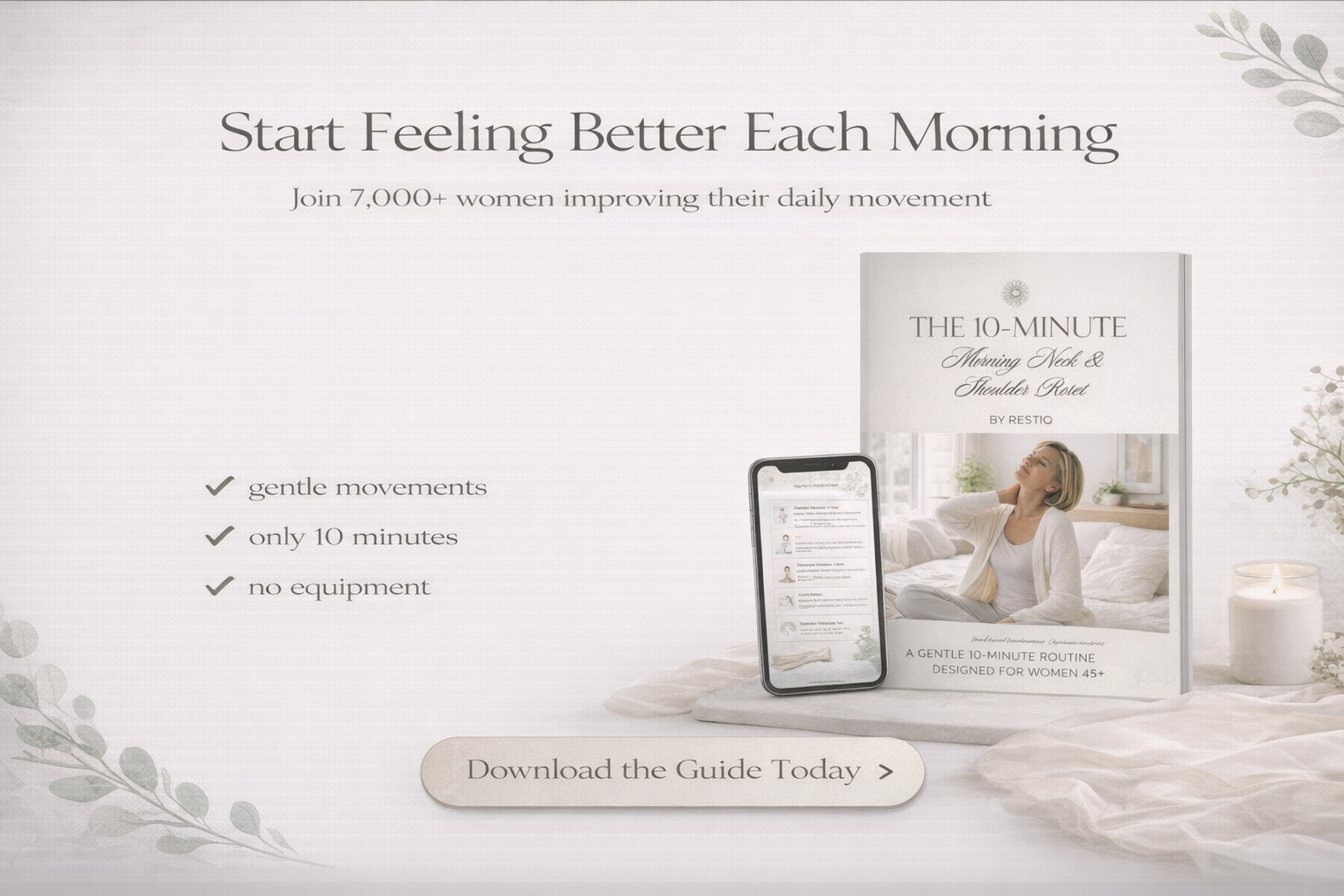 Promotional graphic for a morning routine guide with a phone and book on a white surface.