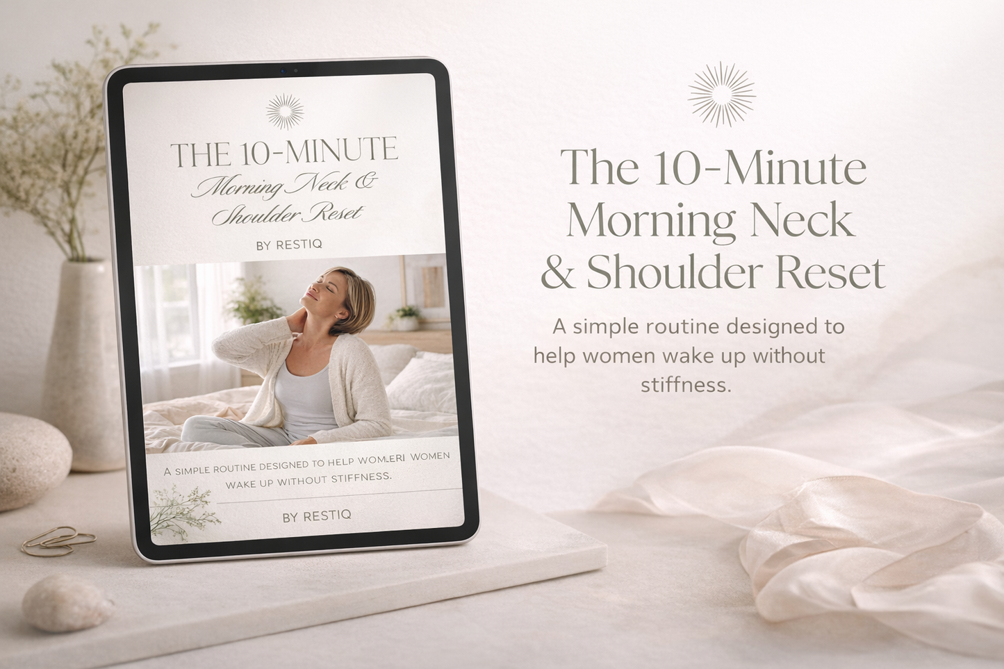 Digital product cover for 'The 10-Minute Morning Neck & Shoulder Reset' by RESTIQ on a tablet with a woman relaxing in a living room.