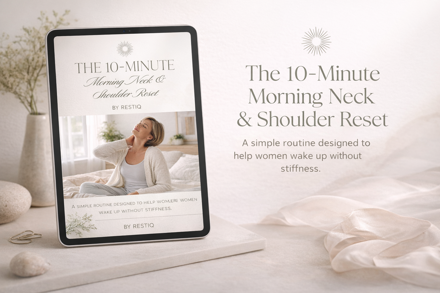 Digital product cover for 'The 10-Minute Morning Neck & Shoulder Reset' by RESTIQ on a tablet with a woman relaxing in a living room.