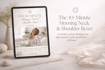 Digital product cover for 'The 10-Minute Morning Neck & Shoulder Reset' by RESTIQ on a tablet with a woman relaxing in a living room.