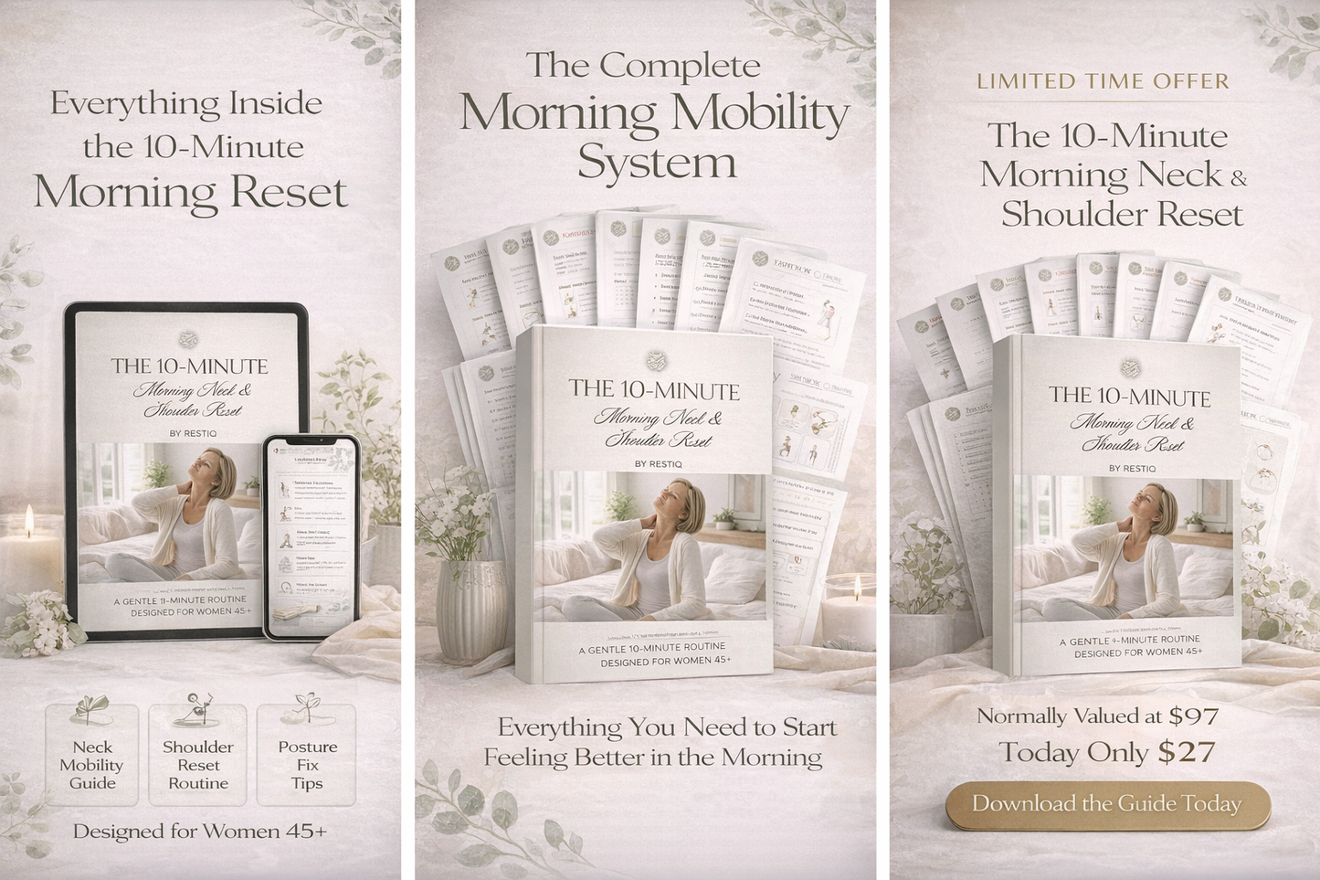 Three promotional images for a morning mobility system with text and product images.