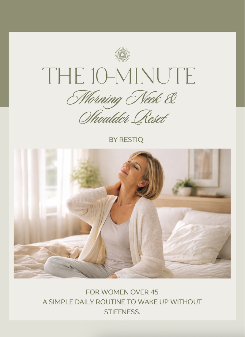 Book cover of 'The 10-Minute Morning Neck & Shoulder Reset' by RESTIQ with a woman stretching in bed.